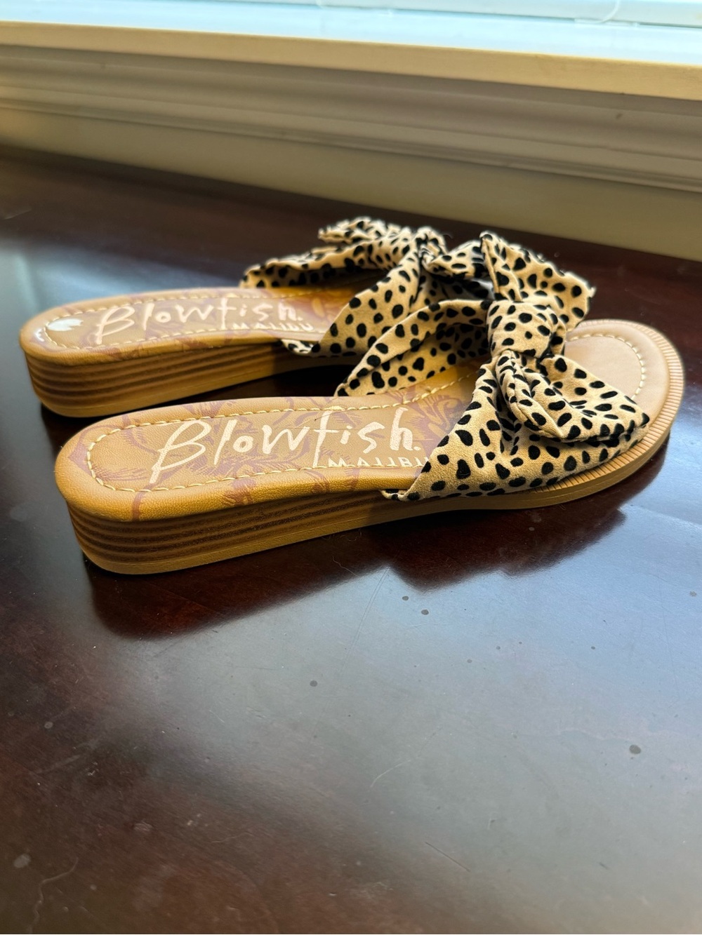 Blowfish Animal Print Malibu Women's Leopard Bow Slide Sandals in Tan and Black